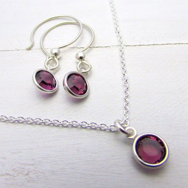 Birthstone Earring Necklace Set, Choose Earrings, Necklace Or Set, .925 Sterling Silver, Swarovski Crystal Bezel