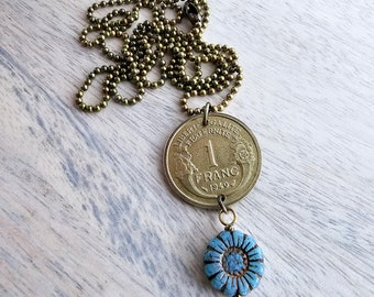 1940 One Franc French Coin Necklace, Made from Genuine Coin from France, Blue Brown Czech Glass Zinnia Flower Bead, Made in USA, Gift Boxed