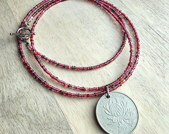 Chinese 2010 1 Yuan Coin Necklace, Cranberry Glass Beaded Long Chain, Pinks & Fuchsia, Pewter Toggle Clasp, 30" Handmade in USA, Gift Box
