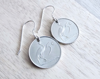 1965 Vintage South Africa Bird Coin Earrings, Blue Crane, .925 Sterling Silver Ear Wires, 5 Cents, Handcrafted USA, E. Ria Designs, Gift Box