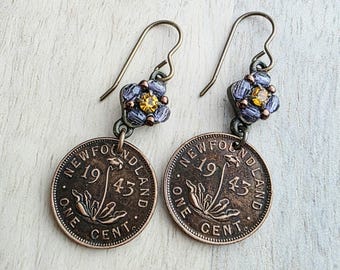 1943 Newfoundland Flower Coin Earrings, Purple Beads, Orange Rhinestone, Brass Ear Wires, Gift Box, E. Ria Designs