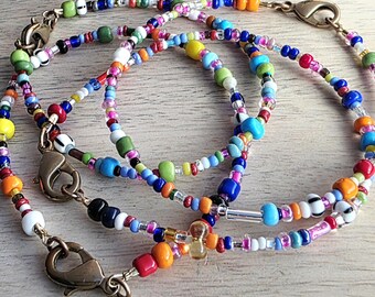 Multi-Colored Glass Seed Bead Bracelet, Mixed Sizes, Brass Lobster Claw Clasp, Gift Boxed, Made in USA