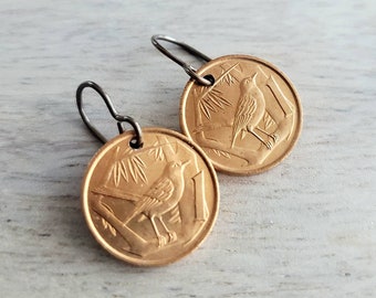 Cayman Islands Vintage Thrush Bird Coin COPPER Earrings, Solid Brass Ear Wires, Handmade Jewelry Made in USA E. Ria Designs, Gift Boxed