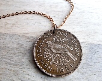 New Zealand One Penny Bird Coin Necklace, One Penny, Old Coin Birthday or Anniversary Gift, Pick Date, Made in USA, Eriadesigns Gift Box