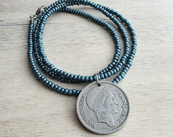 1948 French Coin Necklace, Dark Peacock Teal Glass Seed Bead Chain, 10 Francs, Gift Boxed, Made in USA