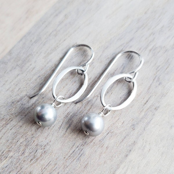 Silver Pearl and Sterling Silver Oval Earings, Handcrafted in USA by E. Ria Designs, Gift Boxed, French Ear Wire, Everyday Jewelry