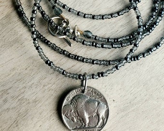 Long Black Gray Beaded Necklace with 1937 Buffalo Nickel Coin Pendant, Vintage U.S. Coin, Hand Made in USA, Gift Boxed, E. Ria Designs