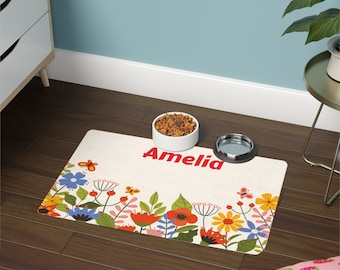 Tapis personnalisé de nourriture pour animaux de compagnie : set de table floral personnalisé pour chat/chien