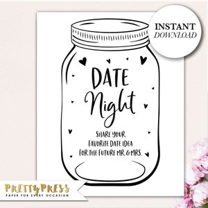 Tarro de noche de fecha, letrero y tarjetas de tarro de fecha, tarjeta de idea de noche de fecha, signos de ideas de noche de fecha imprimibles, boda, despedida de soltera, descarga instantánea PDF
