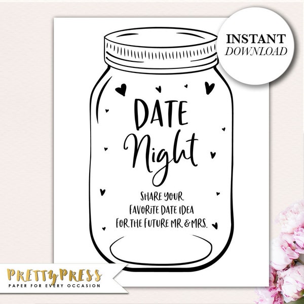 Date Night Jar, Date Jar Sign & Cards, Date Night Idea Card, Date Night Ideas Signs Printable, Wedding, Bridal Shower, PDF Instant Download