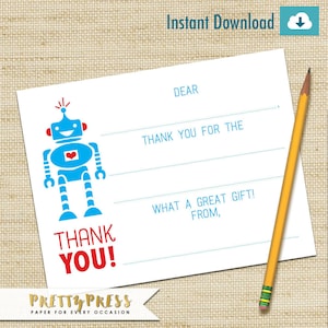 Roboter-Dankeskarten, Roboter-Party, Geburtstagskarte, Kinder-Dankeskarten, DIY PRINTABLE, Kinder-Dankeskarte