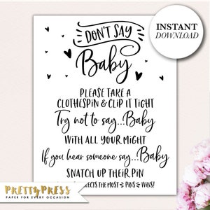 Don&#39;t Say Baby Game Sign, Baby Shower INSTANT DOWNLOAD Game, Kraft Paper, Funny Shower Game, DIY Printable Baby Shower Game