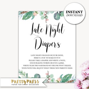 Late Night Diapers Printable, Baby Shower Activity, Instant Download Baby Shower Sign, Late-Night Diapers Sign, Diaper Thoughts, 8x10, F01