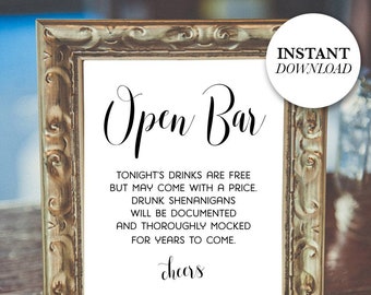 Open Bar Schild, Hochzeit Bar Schilder, druckbare Hochzeitsschilder 8x10 Zeichen, druckbares Hochzeitsschild, Open Bar Print, druckbare Hochzeitsdekorationen