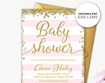 Pink and Gold Baby Shower Invitations, Editable Baby Shower Invitation, PDF Baby Shower Invites, Pink and Gold Glitter Printable Invites