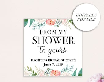 Puede incluir: Una tarjeta cuadrada blanca con el texto "FROM MY SHOWER to yours" y "RACHEL'S BRIDAL SHOWER June 7, 2019". La tarjeta está decorada con elementos florales de acuarela y las palabras "EDITABLE PDF FILE" en un círculo.