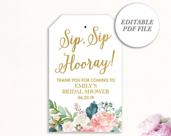 花柄ブライダルシャワー用ワインギフトタグ、Sip Sip Hooray（編集可能なPDF）