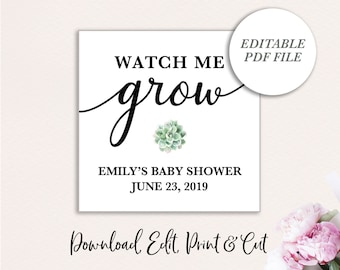 Watch Me Grow Favor Tags, Baby Shower Succulent Favor Tags, EDITABLE favor tags, Plant Stake, Succulent Tags, Baby Shower, Watch Me Grow