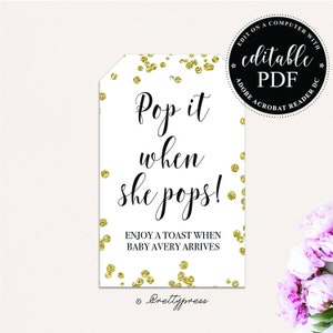 Champagne Baby Shower Tag, Baby Shower Favor, Pop it When She Pops Tags, Baby Shower Tags, Editable PDF, Gold Glitter Tag, Printable Shower