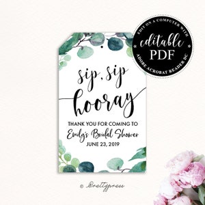 Sip Sip Hooray Tags, Wedding Favor Tag, Wine Favor Tags, Editable PDF, Wine Favors, Bridal Shower Favor Tag, Wine Tag, Greenery