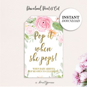 Champagne favor gift tags, Pop it When She Pops Tags, Baby Shower Favor Tags, Digital File, Pink and Gold Floral Favor Tag, Printable tags