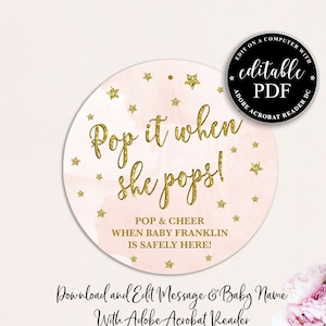 Wine Bottle Tags, Pop It When She Pops, Baby Shower Favor Tags, Editable PDF, Pink and Gold Glitter Favor Tag, Shower Tags, Champagne Tags