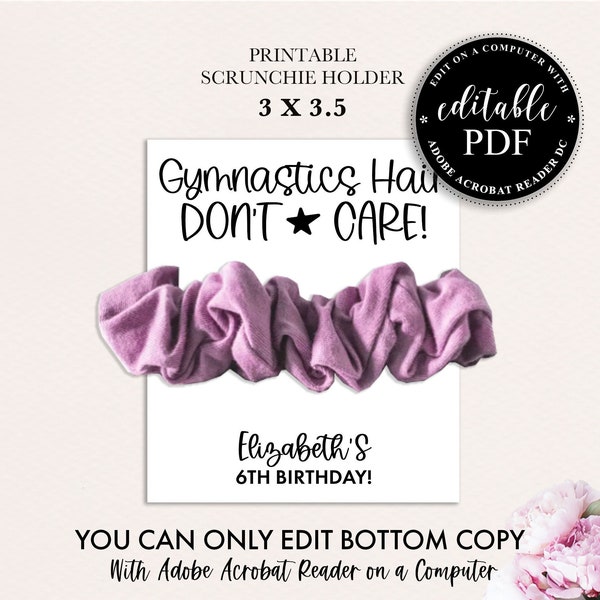 Gymnastic Birthday Party, Printable Favor Tags, Gymnastic Hair Don't Care, DIY Scrunchie Card Holder, Printable Scrunchie Holder, Hair Tie