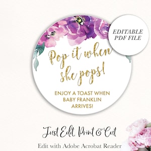 Purple Baby Shower, Pop it When She Pops Tags, Wine Bottle Tags, Baby Shower Favor Tags, Champagne Favor Tag, Purple Baby Shower Tags