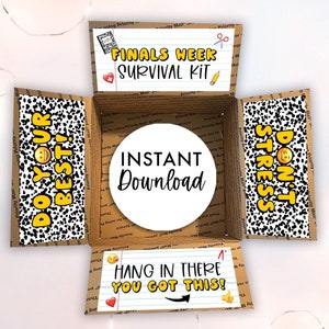 Pacote de cuidados para a semana final, kit de sobrevivência para a semana final para download instantâneo, pacote de cuidados para as finais da faculdade, caixa de pacote de cuidados para impressão