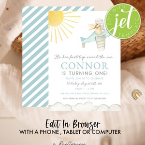 first trip around the sun birthday invitation, boys first birthday invitation, editable 1st birthday template, plane first birthday invite