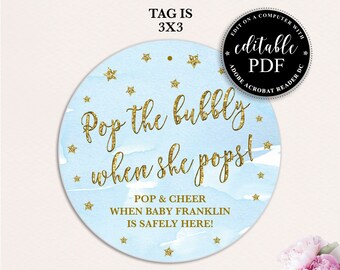 Blue & Gold Baby Shower Favor Tags, Champagne Bottle Tags (Editable PDF)