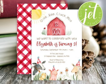 Farm Birthday Invitation, Barnyard Animals, Editable Template (Digital Download)