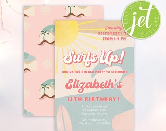 Könnte beinhalten: Strandparty-Einladung in Rosa und Blau. Das Design zeigt den Text "Surfs Up!" und "Elizabeth's 12th Birthday!" mit Sonne, Surfbrett und Wellen. Der Hintergrund zeigt ein sich wiederholendes Muster aus Muscheln und Palmen.