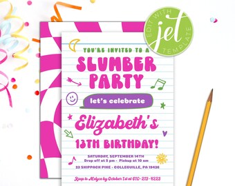 Slumber Party Invitation, Girl Sleepover, Printable Template