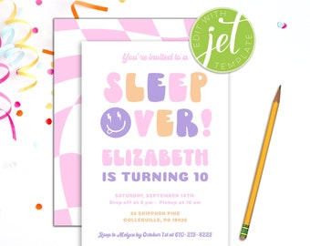 Bewerkbare uitnodiging voor slaapfeestje, Retro Tween-verjaardag (digitale download)