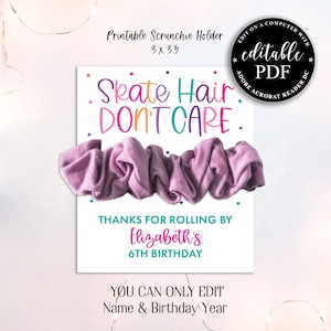 SKATE Hair Don't Care, Rainbow Printable Roller Skate Party Hair Scrunchie Card, Printable Scrunchie Holder, Kids Birthday Party Favor