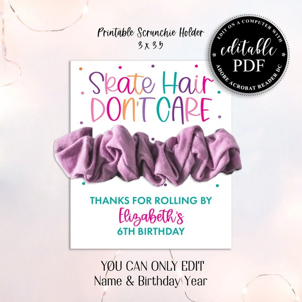 SKATE Hair Don't Care, Rainbow Printable Roller Skate Party Hair Scrunchie Card, Printable Scrunchie Holder, Kids Birthday Party Favor