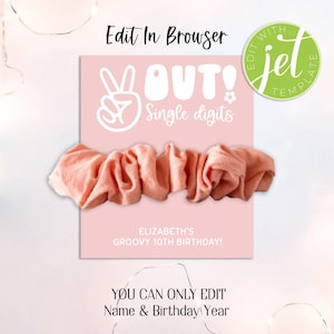 Peace Out zweistellig, 10. Geburtstag Gastgeschenk, Scrunchie Gastgeschenk Karte, druckbare Scrunchie Halter, Geburtstag Scrunchie Gastgeschenk