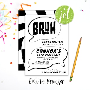 Bruh birthday invitation, Boy birthday invitation, Wavy Checkerboard, Editable Birthday Party Invitation Template, Any Age, Instant Download