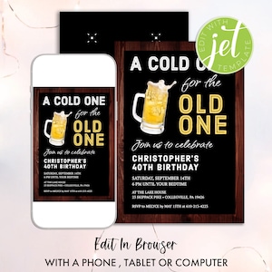 A Cold One for the Old One birthday invite, mens birthday invitation, birthday invitation for men, Beer Birthday Party, digital card