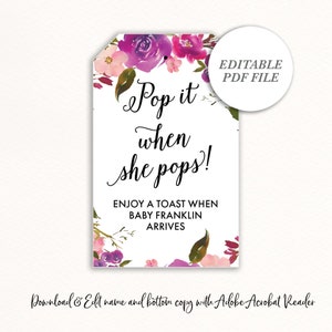 Purple Baby Shower Printables, Pop it When She Pops, Purple Champagne Favor Tags, Editable PDF, Floral, Printable Champagne Tags, Wine Tags
