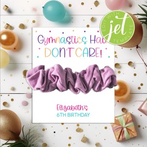 Gymnastiek verjaardagsfeestje, afdrukbare gunsttags, gymnastiek haar maakt niet uit, DIY kaarthouder scrunchie, afdrukbare scrunchie houder, haarelastiekje