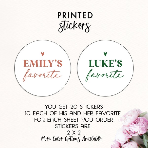 His and Her Favorite Stickers, Personalized His and Her Favorite Labels, Wedding Candy Favors, His and Her Favorite Wedding Favor Stickers