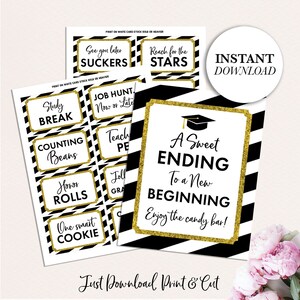 Graduation Candy Signs, Graduation Party Decor, Grad Candy Bar, Black and Gold Glitter Sign, Printable Graduation Sign, Grad Candy Bar Sign