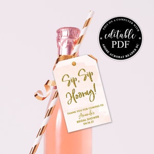 Bridal Shower Champagne Tags, Tags for Mini Wine Bottles, Wedding Favors, Mini Wine Tags, Personalized Tag, Sip Sip Hooray Tag, Editable PDF