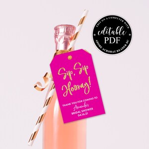 Bridal Shower Wine Tags, Tags for Mini Champagne Bottles, Wedding Favors, Mini Wine Tags, Personalized Tag, Sip Sip Hooray Tag, Editable PDF