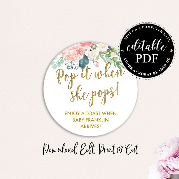 Pop When she Pops Tags, Floral Wine Bottle Tags, Pop It When She Pops Tags, Baby Shower Favor Tags, Champagne Favor Tags