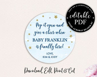 Blue & Gold Glitter Baby Shower Favor Tags, Editable Wine Tags (PDF)