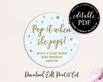 Blue and Gold Glitter Baby Shower Favor Tags, Editable PDF