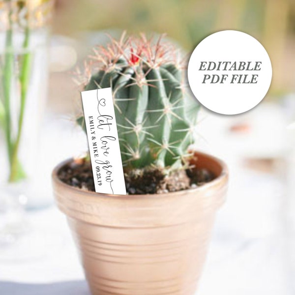 Deje que el amor crezca etiquetas imprimibles, etiquetas de favor suculentas de despedida de soltera, etiquetas de favor EDITABLES, estaca de planta, PDF editable, etiqueta de favor de cactus